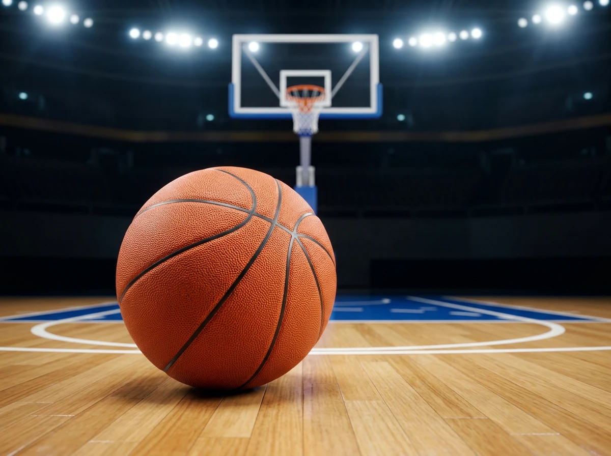 Cancha de baloncesto con tablero y cuotas de apuestas cripto superpuestas