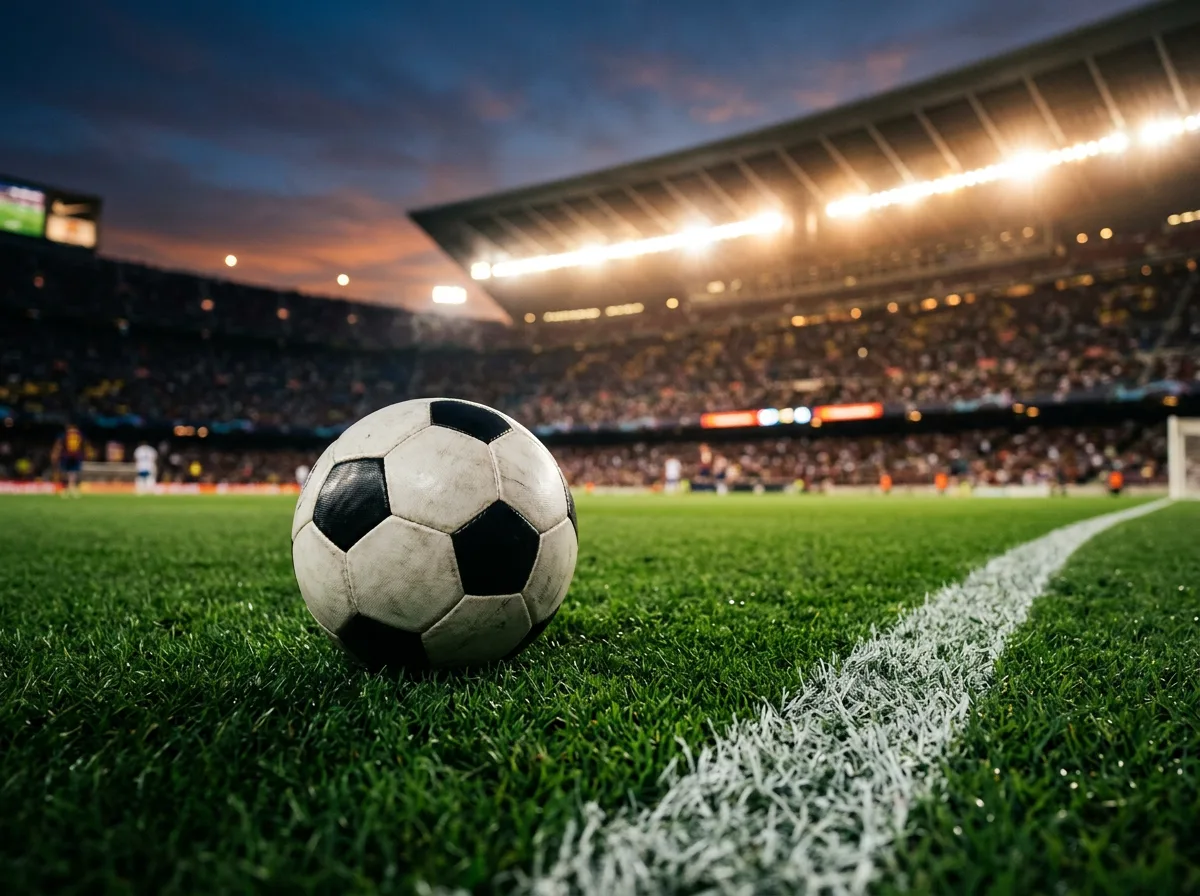 Balón de fútbol sobre campo de juego con símbolos de Bitcoin y cuotas de apuestas superpuestas
