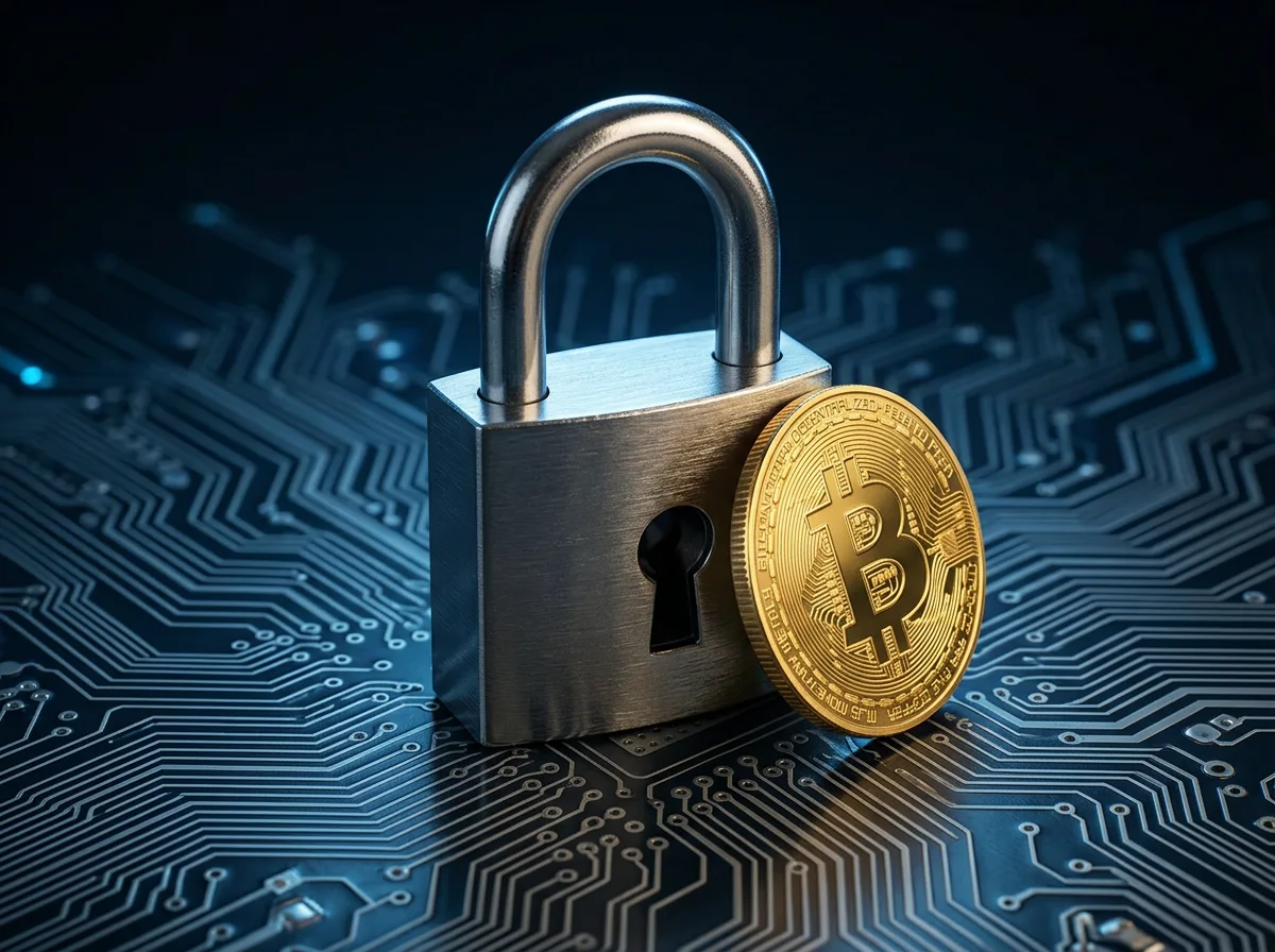 Candado digital sobre fondo de blockchain representando la seguridad en apuestas con Bitcoin