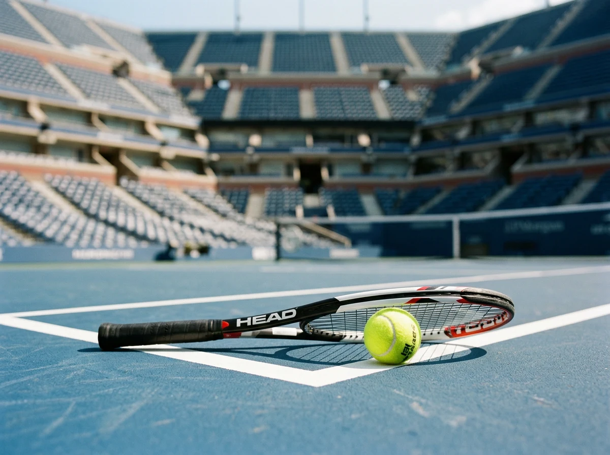 Pista de tenis con raqueta y pelota junto a cuotas de apuestas con Bitcoin superpuestas