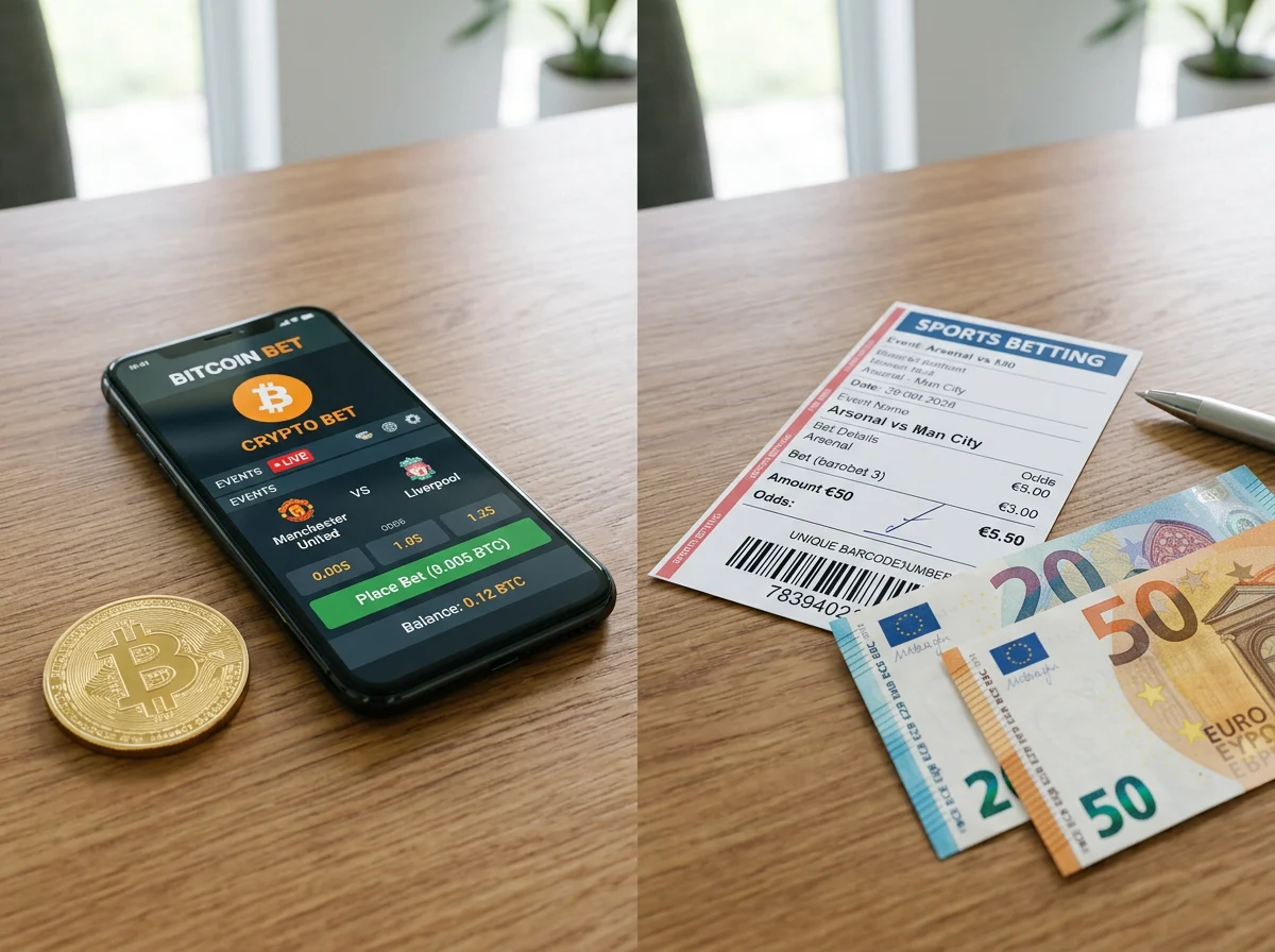 Comparación visual entre una interfaz de apuestas con Bitcoin y una casa de apuestas tradicional con euros