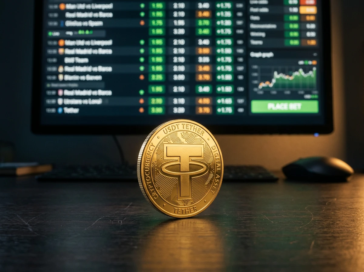 Moneda USDT Tether sobre fondo de pantalla de plataforma de apuestas deportivas cripto