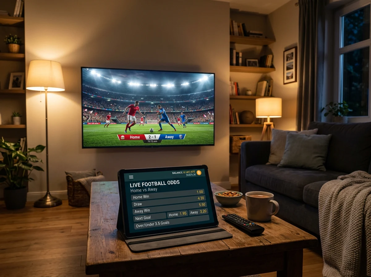 Pantalla de apuestas en vivo con cuotas cambiantes en una plataforma de apuestas con Bitcoin