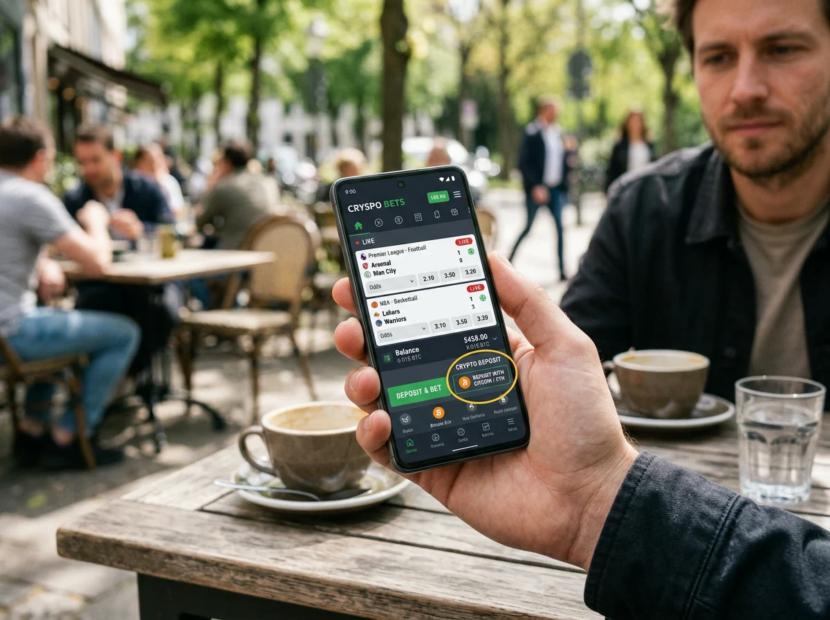 Smartphone mostrando interfaz de apuestas deportivas con Bitcoin y wallet móvil