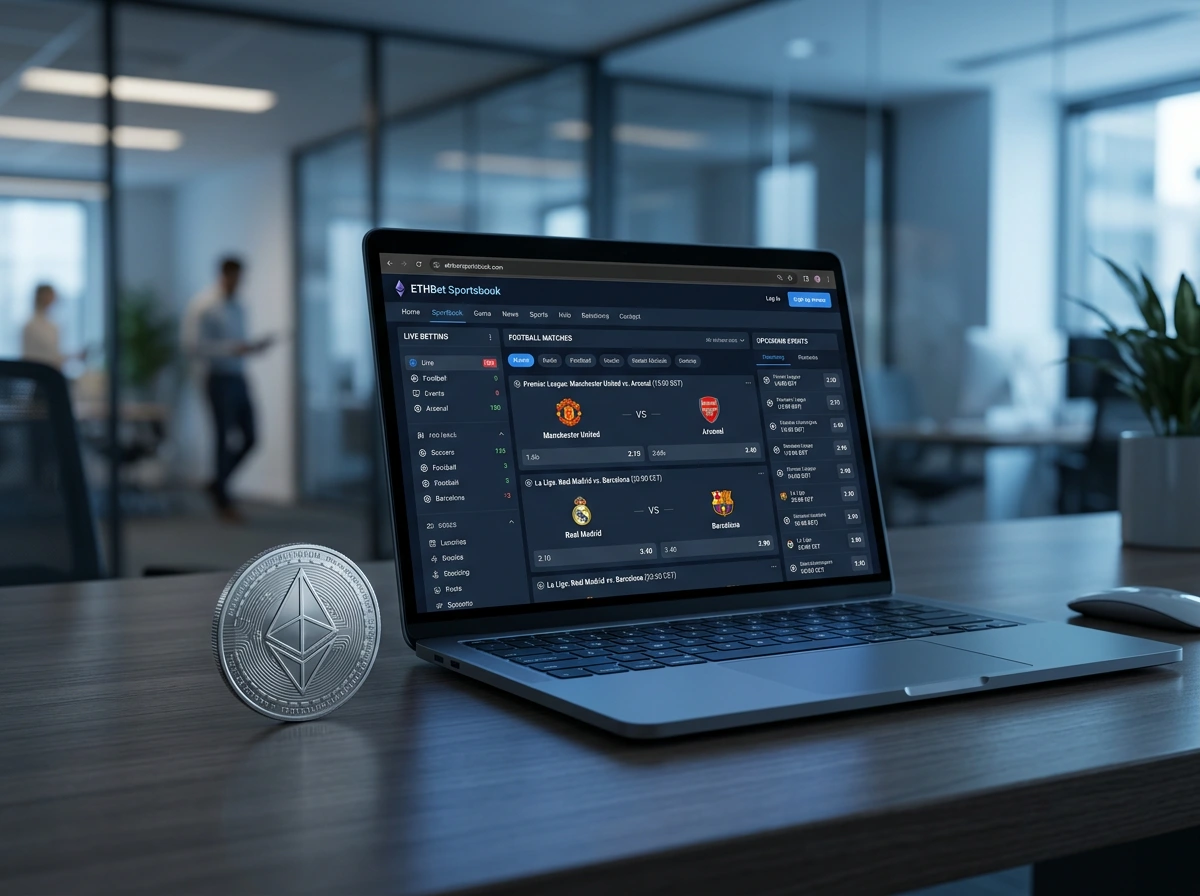 Logo de Ethereum junto a interfaz de casa de apuestas deportivas cripto