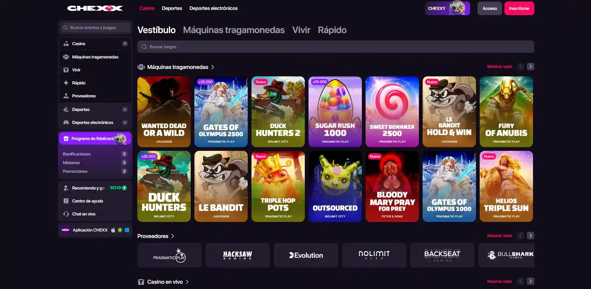 Lobby CHEXX con categorías de casino filtros y mosaico de juegos