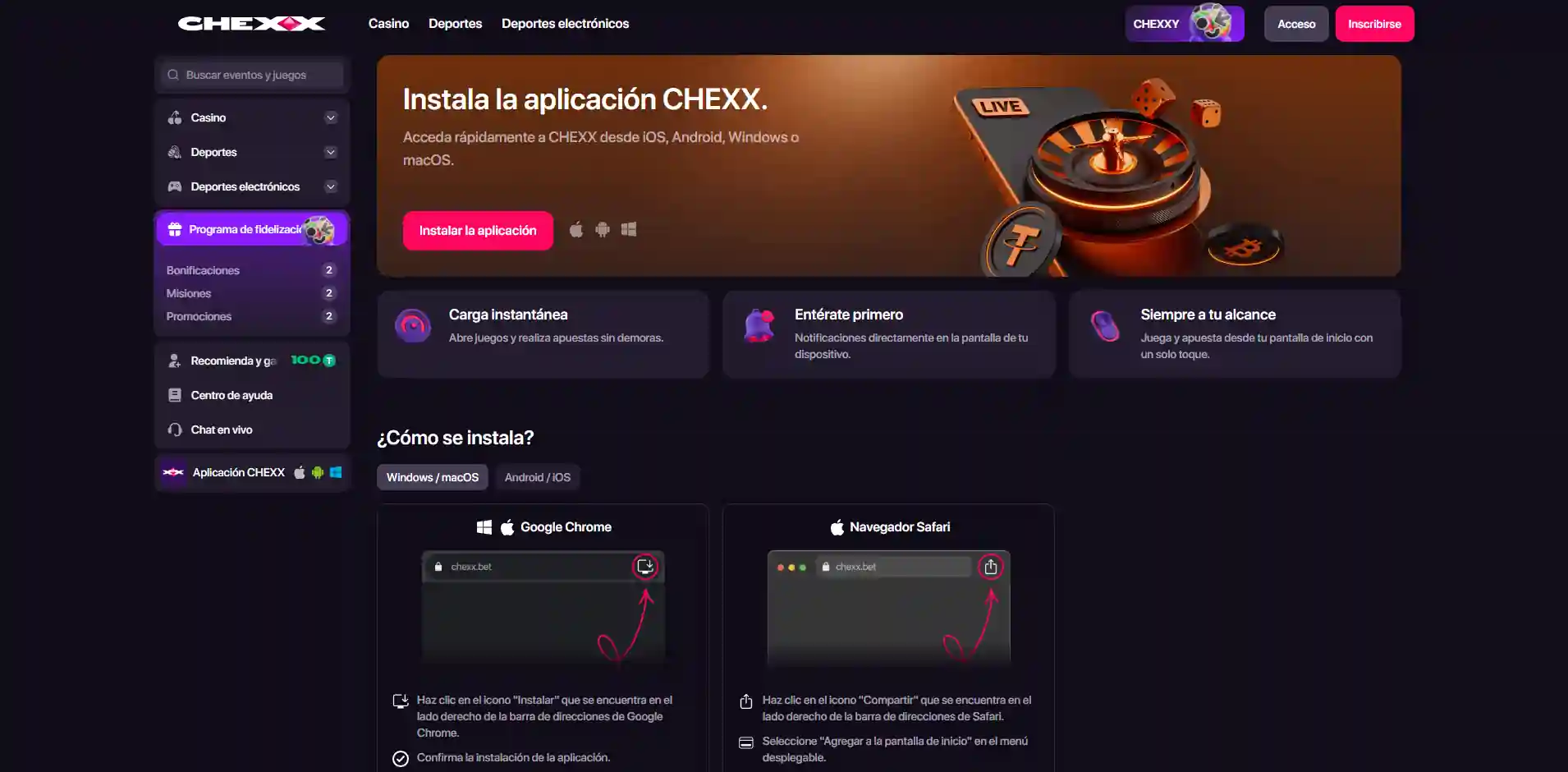 Página de instalación CHEXX para móvil ordenador y distintos sistemas