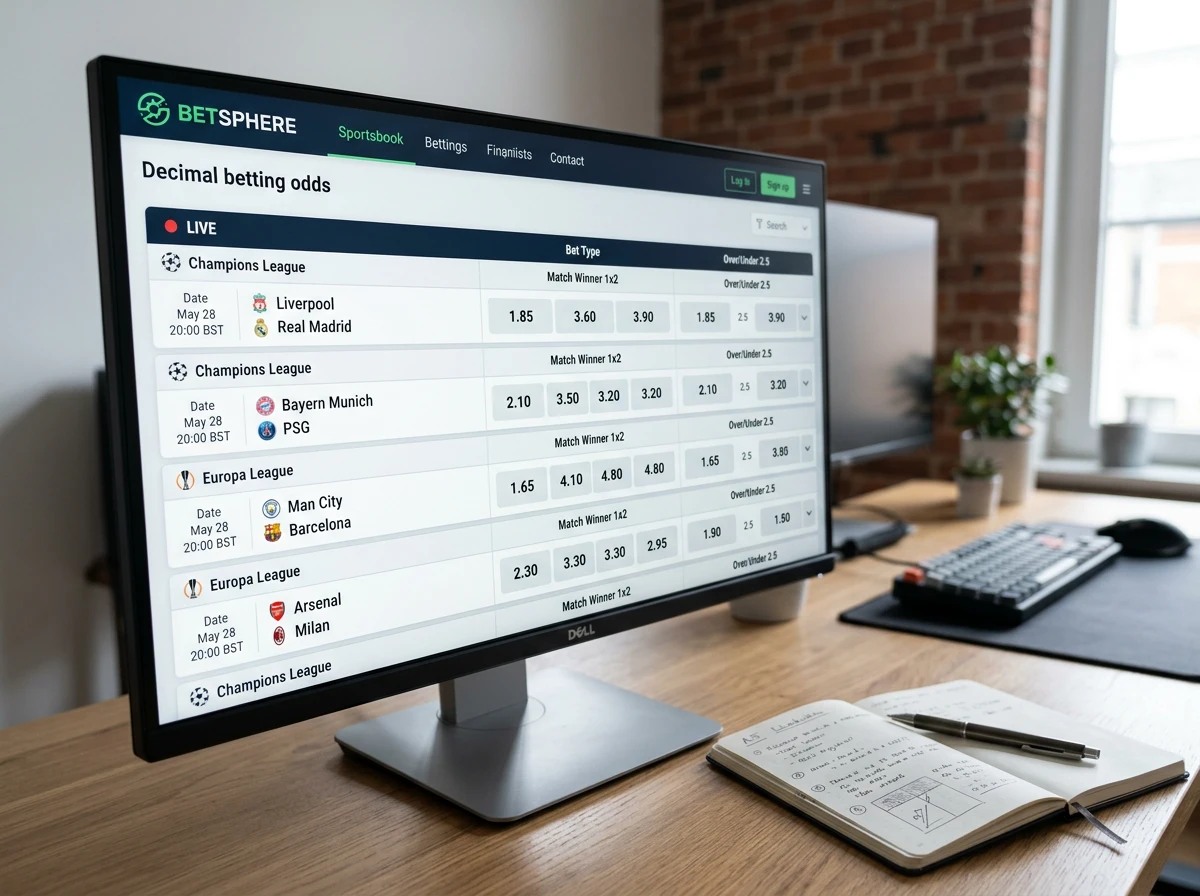 Pantalla de cuotas deportivas en formato decimal en una plataforma de apuestas con Bitcoin