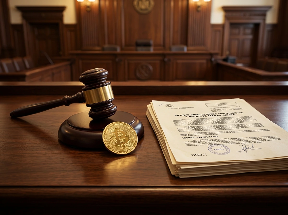 Balanza de justicia junto a símbolo de Bitcoin representando el marco legal de apuestas cripto en España