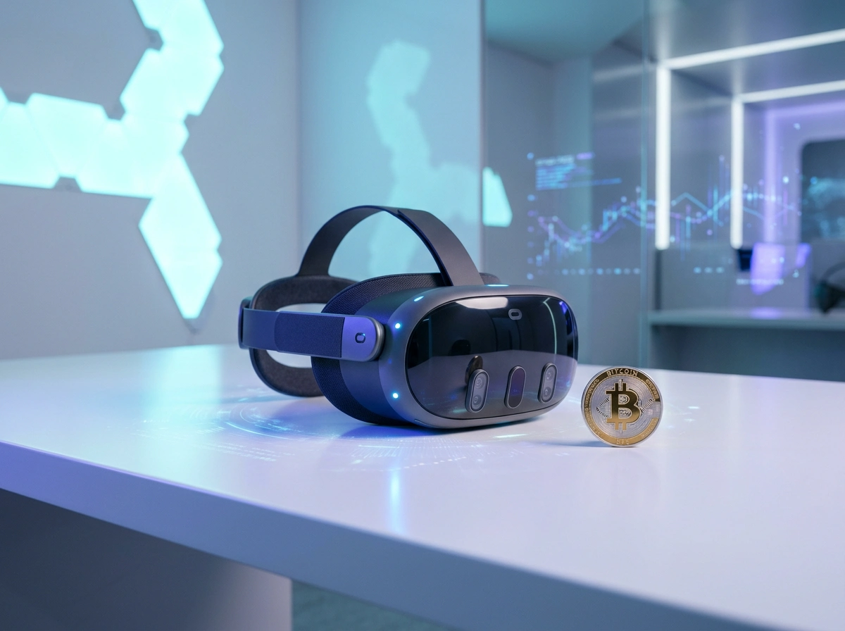 Visor de realidad virtual mostrando entorno de apuestas deportivas futurista con criptomonedas