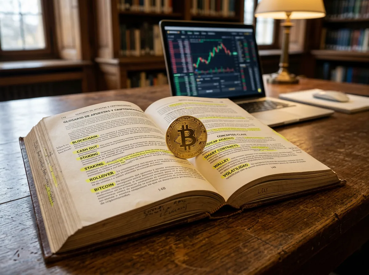 Libro abierto con términos de criptomonedas y apuestas deportivas destacados sobre fondo tecnológico