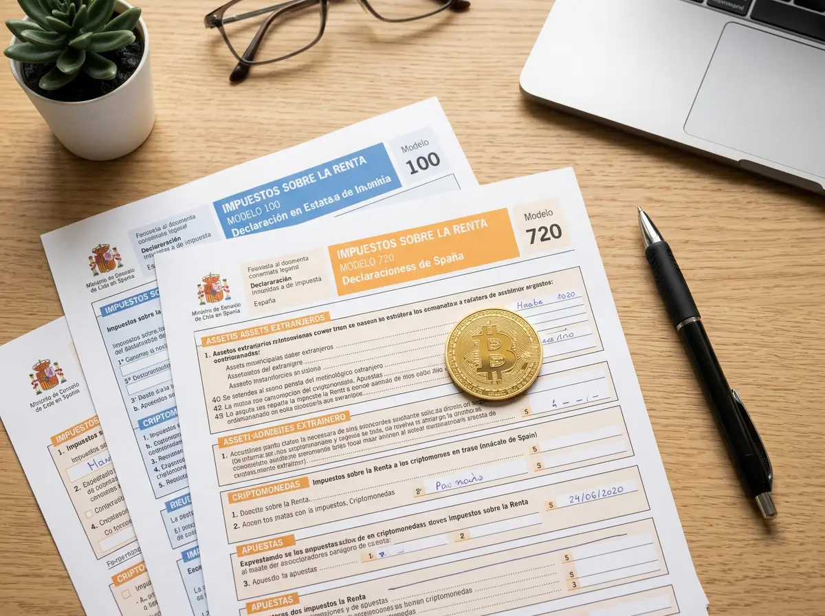 Documentos fiscales españoles junto a monedas de Bitcoin representando obligaciones tributarias en apuestas cripto