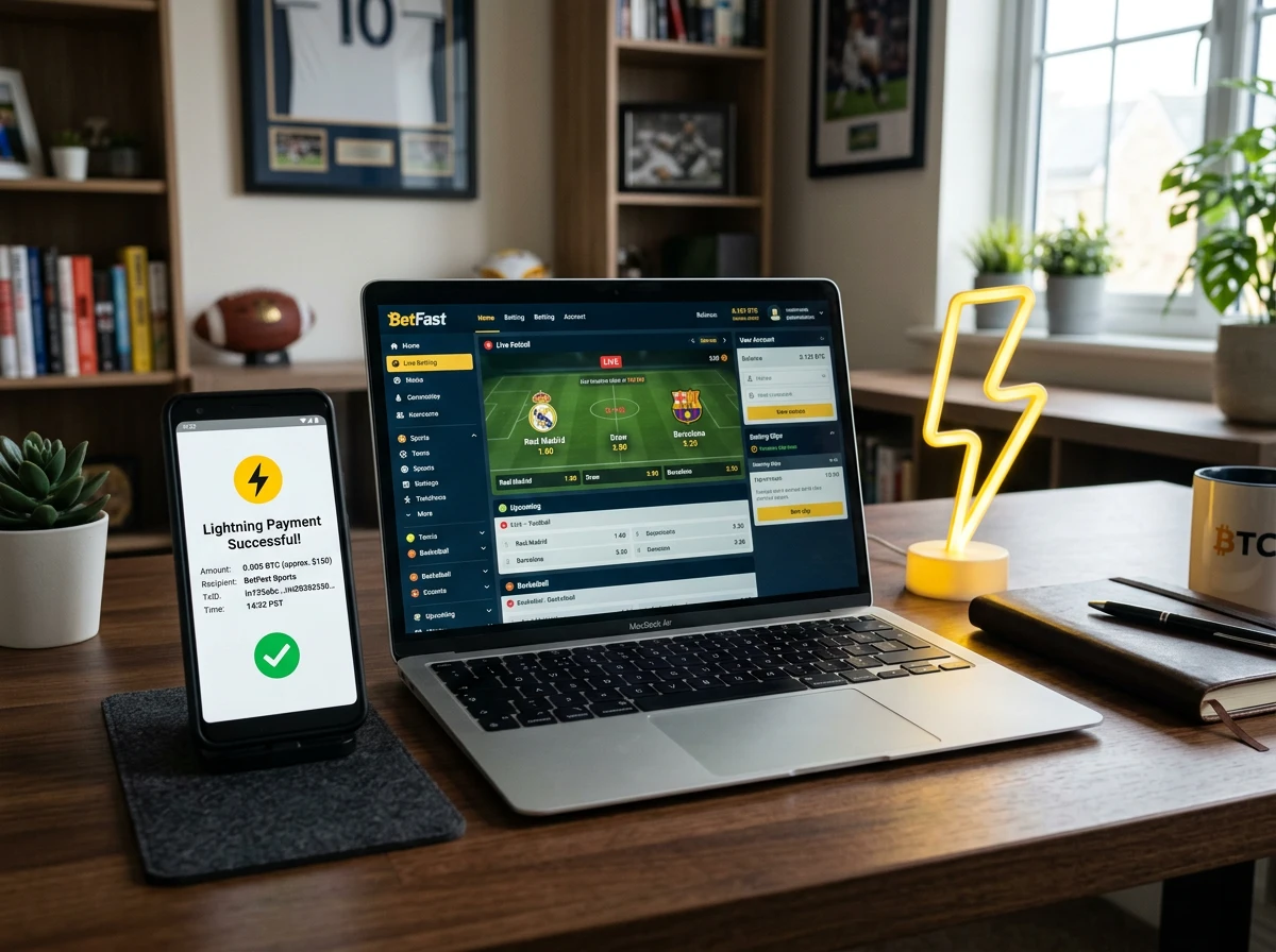 Rayo de Lightning Network conectando una wallet Bitcoin con una plataforma de apuestas deportivas