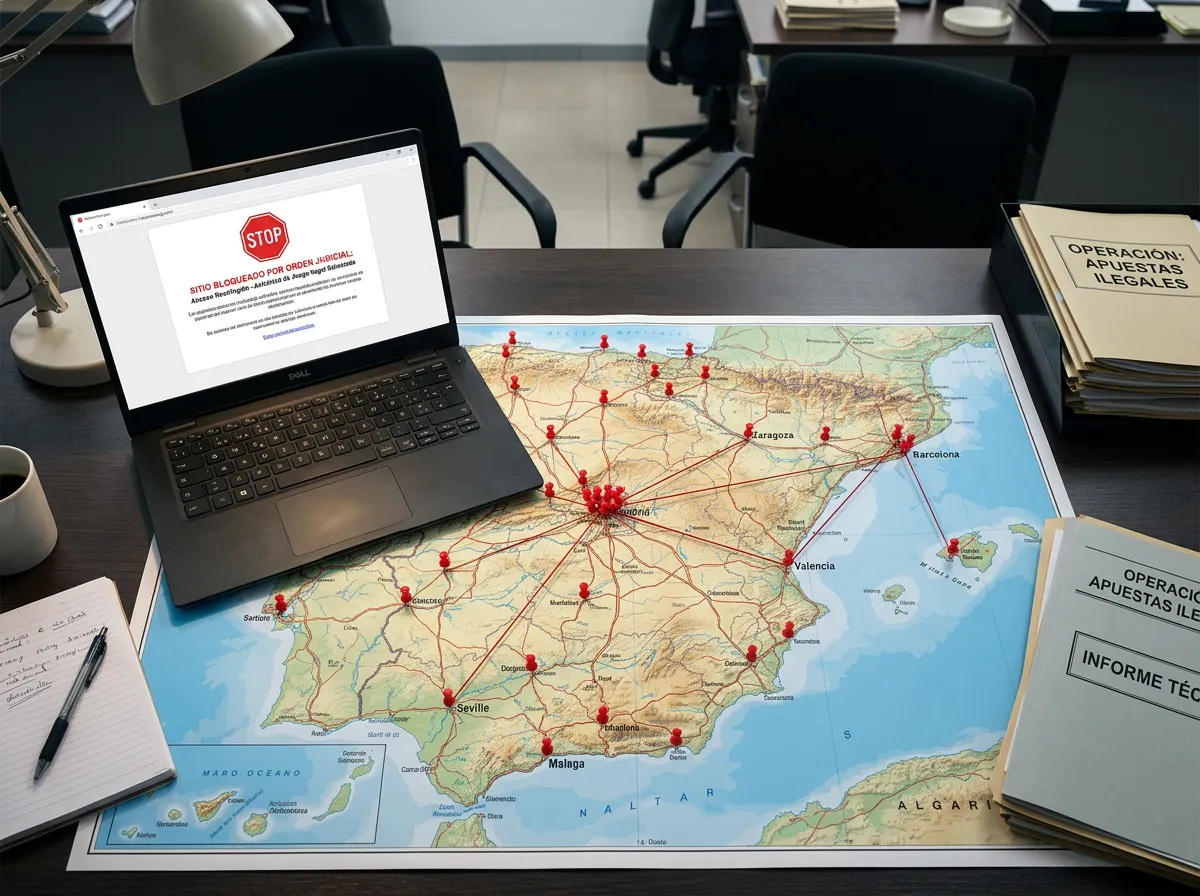 Mapa de España con iconos de bloqueo y sanciones representando el mercado ilegal de apuestas online