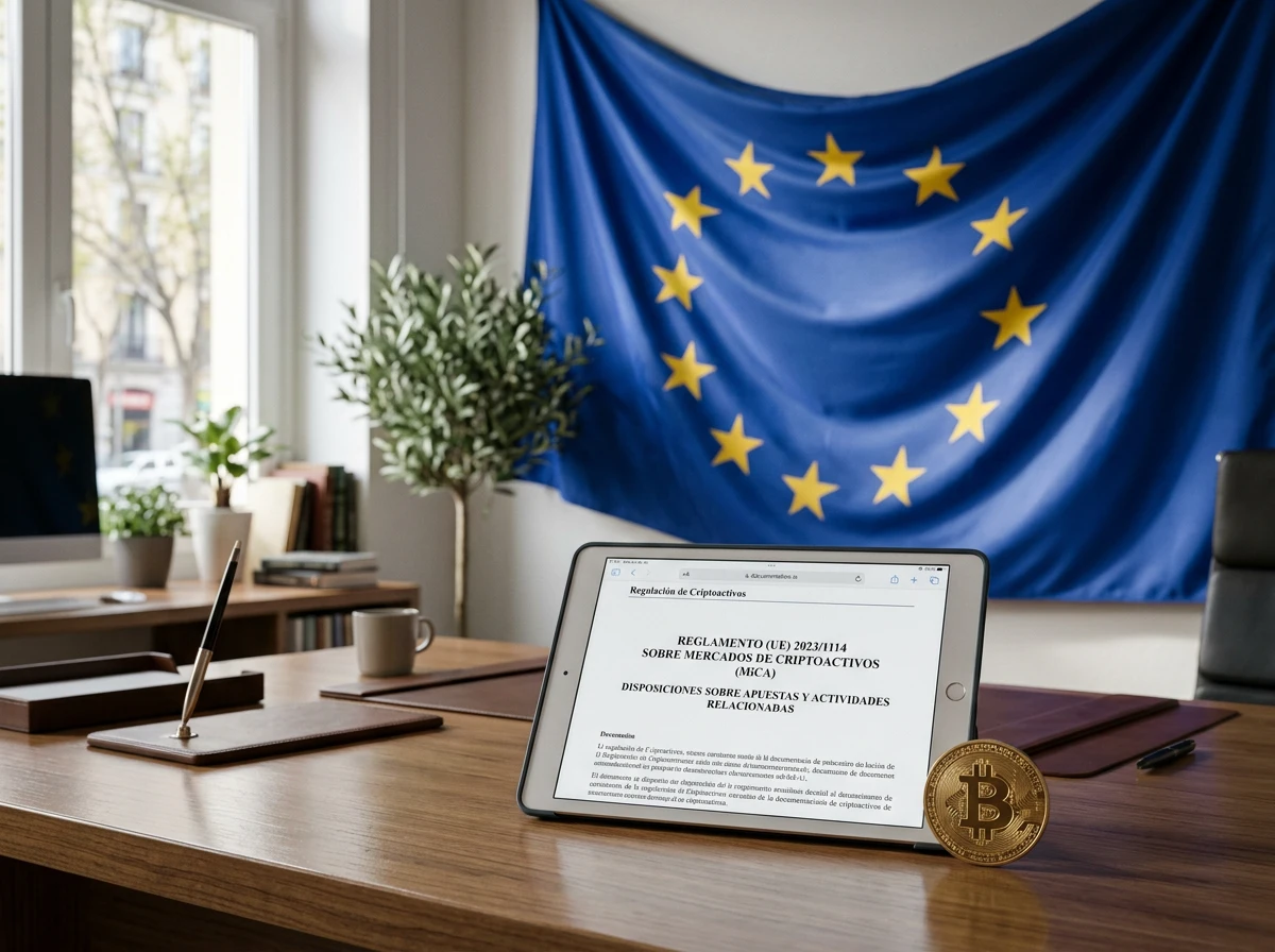 Documento de regulación MiCA de la Unión Europea junto a símbolos de criptomonedas y apuestas deportivas