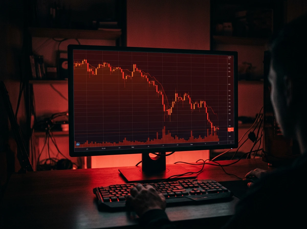 Gráfico descendente de Bitcoin junto a iconos de alerta representando los riesgos de apostar con criptomonedas