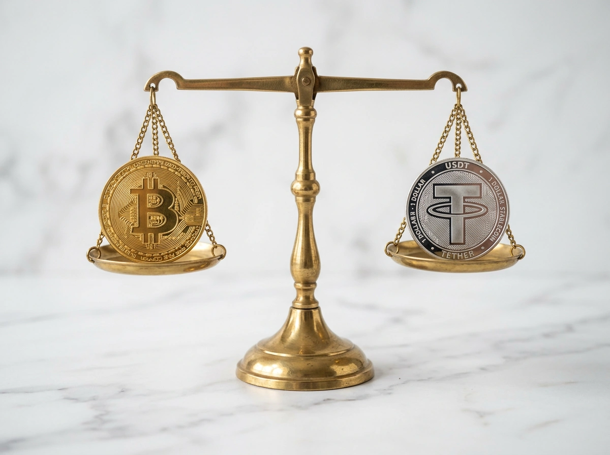 Monedas de Bitcoin y USDT en una balanza representando la comparativa para apuestas deportivas