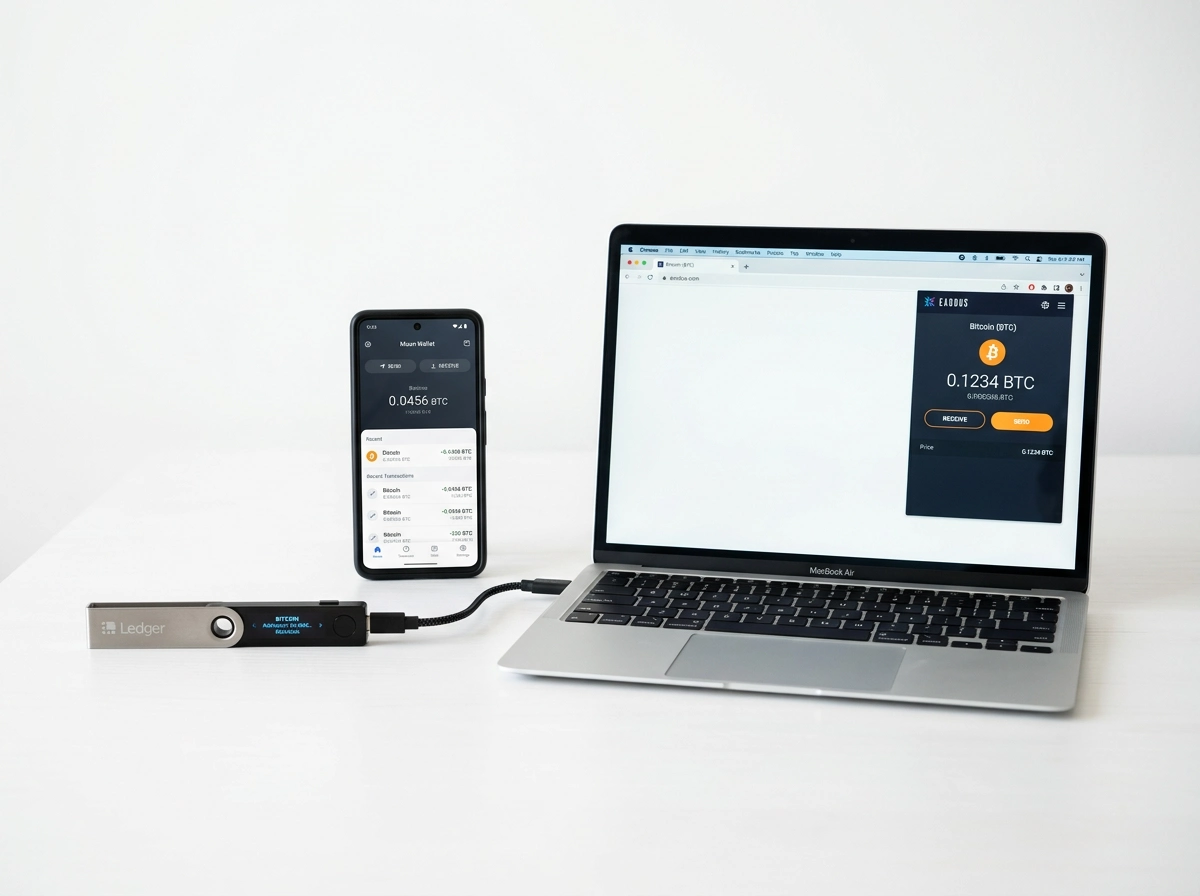 Diferentes tipos de wallets de Bitcoin dispuestas junto a un móvil con una app de apuestas deportivas